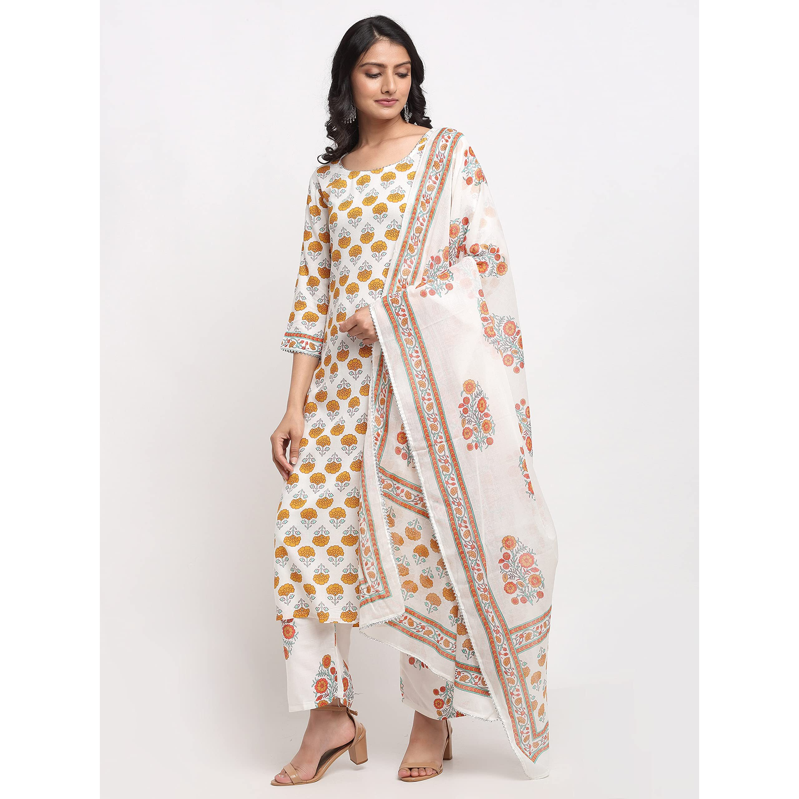 Gosriki Women's Pure Cotton Floral Printed Kurta,Palazzos And Dupatta (Jaipuri Yellow_Xl-Yellow_X-Large)