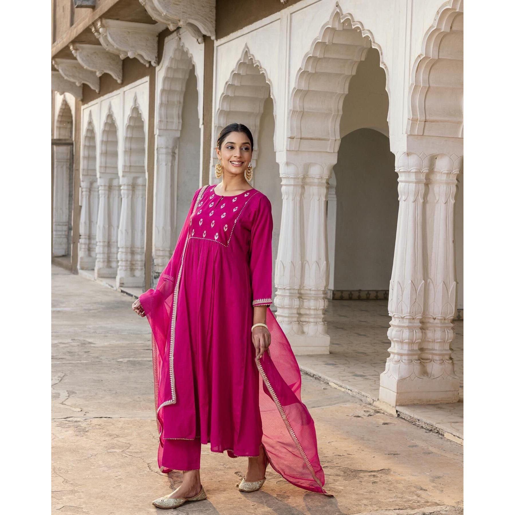 Gosriki Women's Rayon Viscose Anarkali Embroidered Kurta With Pant & Dupatta (Manika Pink-Gs_L_Pink_Large)