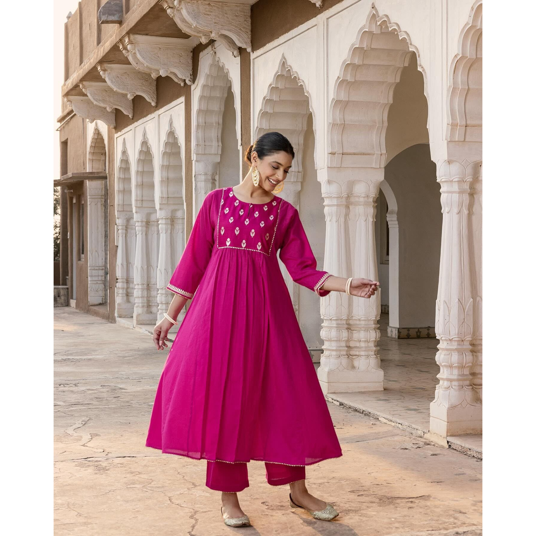 Gosriki Women's Rayon Viscose Anarkali Embroidered Kurta With Pant & Dupatta (Manika Pink-Gs_L_Pink_Large)