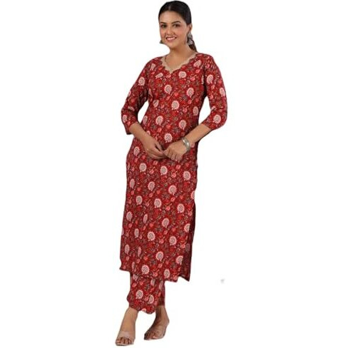 Gosriki Women's Rayon Blend Straight Printed Kurta With Palazzo (Peton Red-Gs_M_Red_Medium)