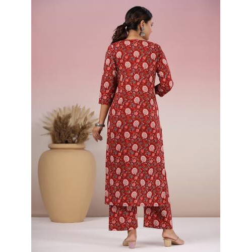Gosriki Women's Rayon Blend Straight Printed Kurta With Palazzo (Peton Red-Gs_M_Red_Medium)