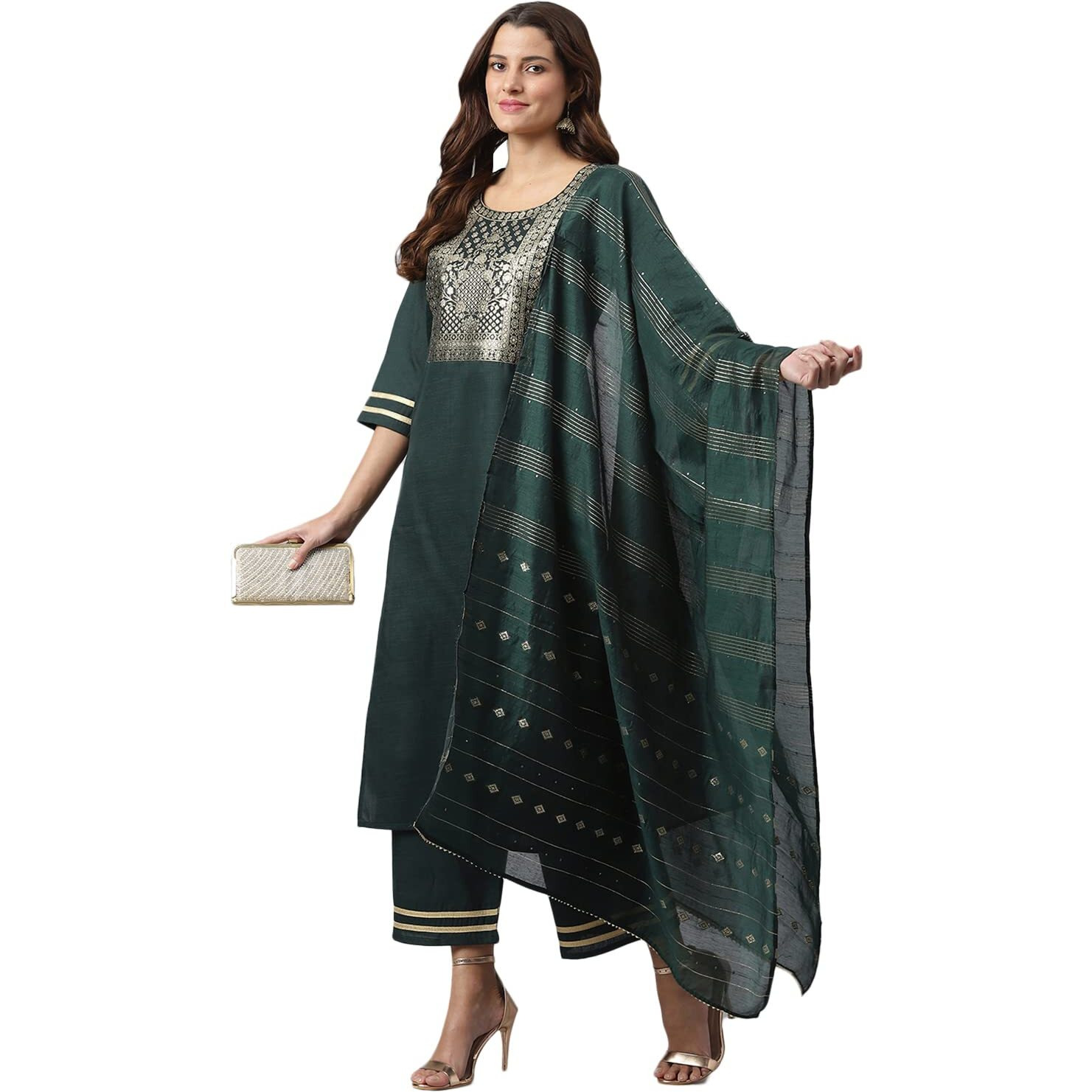Gosriki Women's Cotton Blend Straight Solid Kurta With Palazzo & Dupatta (Ruchir Green_New_Xl-Go_Green_X-Large)