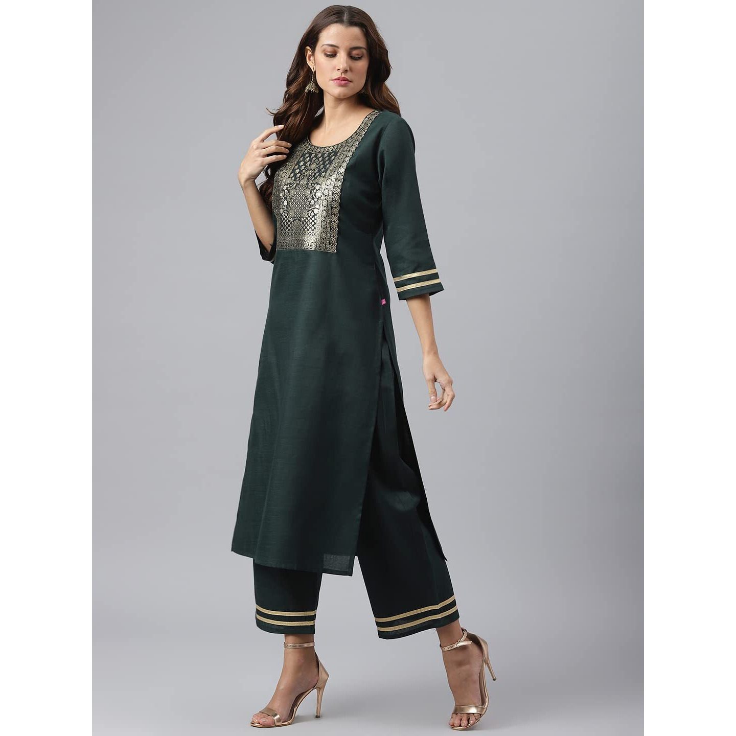 Gosriki Women's Cotton Blend Straight Solid Kurta With Palazzo & Dupatta (Ruchir Green_New_Xl-Go_Green_X-Large)