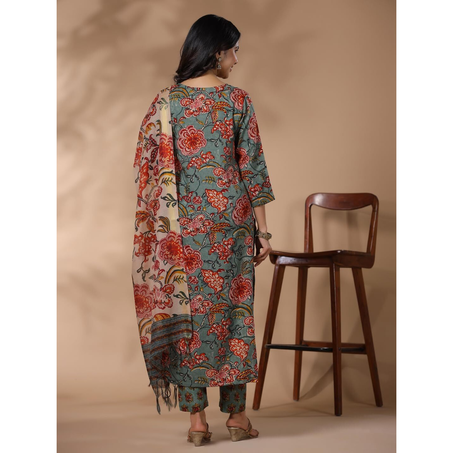 Gosriki Women's Rayon Blend Printed Straight Kurta With Pant & Dupatta (Fta Green-Nb-Gs_S_Green_Small)