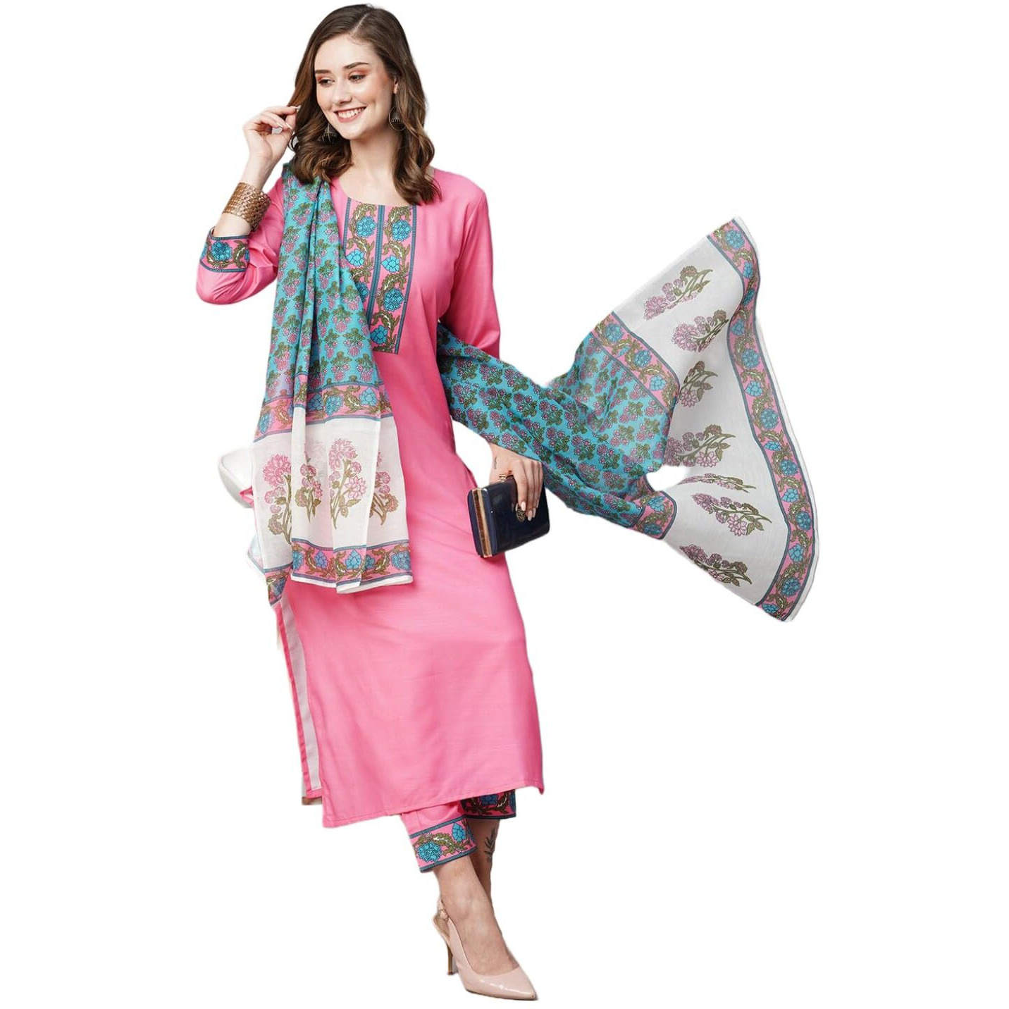 Gosriki Women's Cotton Blend Straight Printed Kurta With Pant & Dupatta (Nidhivan Pink-Nw-Gs_S_Pink_Small)