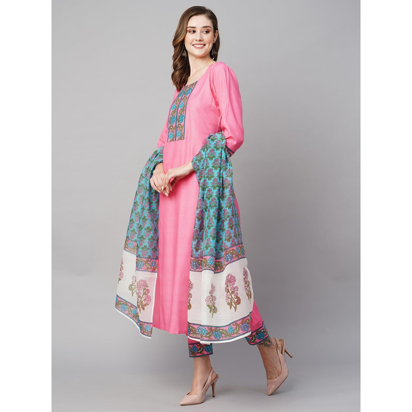 Gosriki Women's Cotton Blend Straight Printed Kurta With Pant & Dupatta (Nidhivan Pink-Nw-Gs_S_Pink_Small)