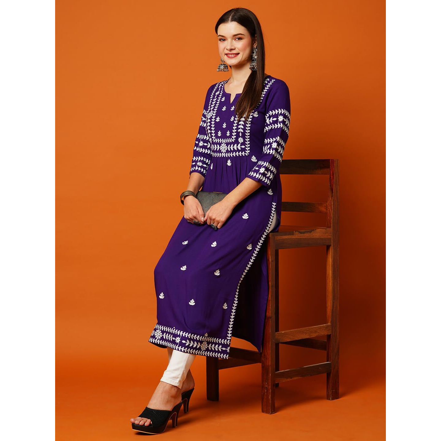 Gosriki Women's Rayon Blend Chikankari Embroidered Straight Kurta (Elevan-Begani-Tnw-Gs_S_Violet_Small)