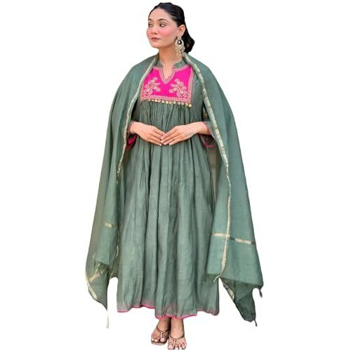 Gosriki Women's Rayon Viscose Embroidered Anarkali Kurta With Pant & Dupatta (Brics Pista-Vks01-Gs_Xl_Pista_X-Large)