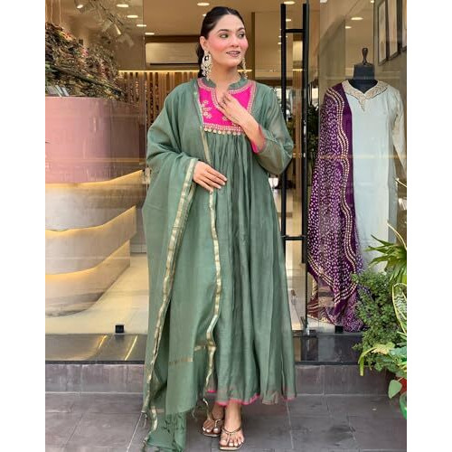 Gosriki Women's Rayon Viscose Embroidered Anarkali Kurta With Pant & Dupatta (Brics Pista-Vks01-Gs_Xl_Pista_X-Large)