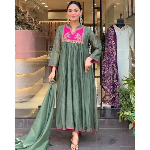 Gosriki Women's Rayon Viscose Embroidered Anarkali Kurta With Pant & Dupatta (Brics Pista-Vks01-Gs_Xl_Pista_X-Large)