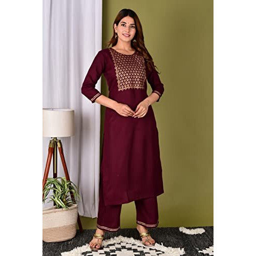 Gosriki Women's Cotton Straight Solid Kurta With Pant & Dupatta (Pisa New Maroon_S-Go_Maroon_Small)