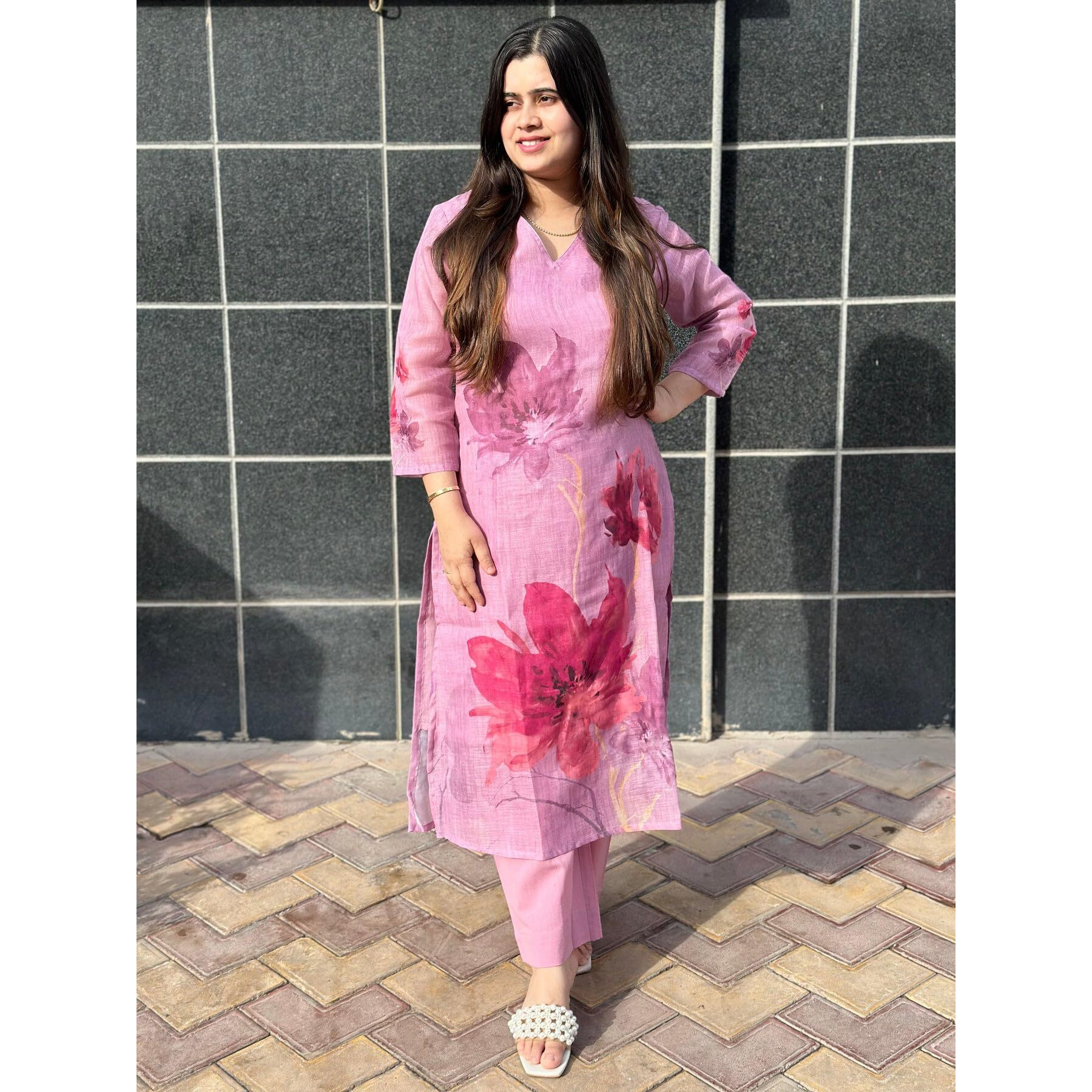 Gosriki Women's Rayon Viscose Printed Straight Kurta With Pant (Susan Pink-Vks02-Gs_Xl_Pink_X-Large)