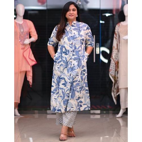 Gosriki Women's Rayon Viscose A-Line Printed Kurta With Pant (Dishaan Blue-Vks01-Gs_S_Blue_Small)