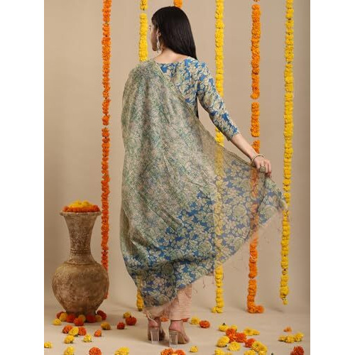 Gosriki Women's Rayon Blend Printed Straight Kurta With Pant & Dupatta (Moringa Blue-Vks05-Gs_M_Blue_Medium)
