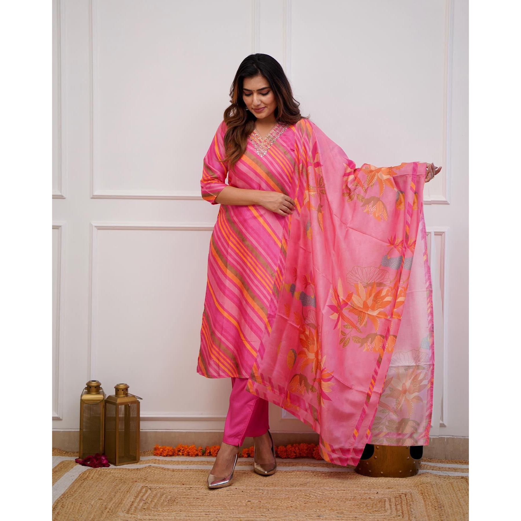 Gosriki Women's Cotton Blend Straight Printed Kurta With Pant & Dupatta (Mang Pink-Nw-Gs_Xl_Pink_X-Large)