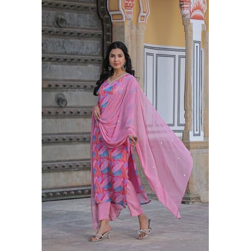 Gosriki Women's Cotton Blend Straight Printed Kurta With Pant & Dupatta (Mimansa Pink-Gs_M_Pink_Medium)