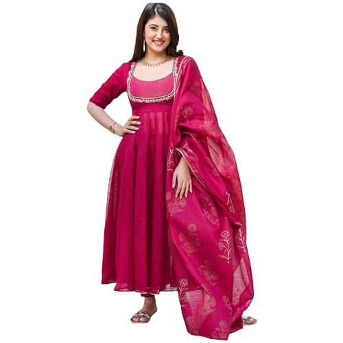 Gosriki Women's Rayon Viscose Embroidered Anarkali Kurta With Pant & Dupatta (Aparnaa Pink-Vks01-Gs_3Xl_Pink_Xxx-Large)