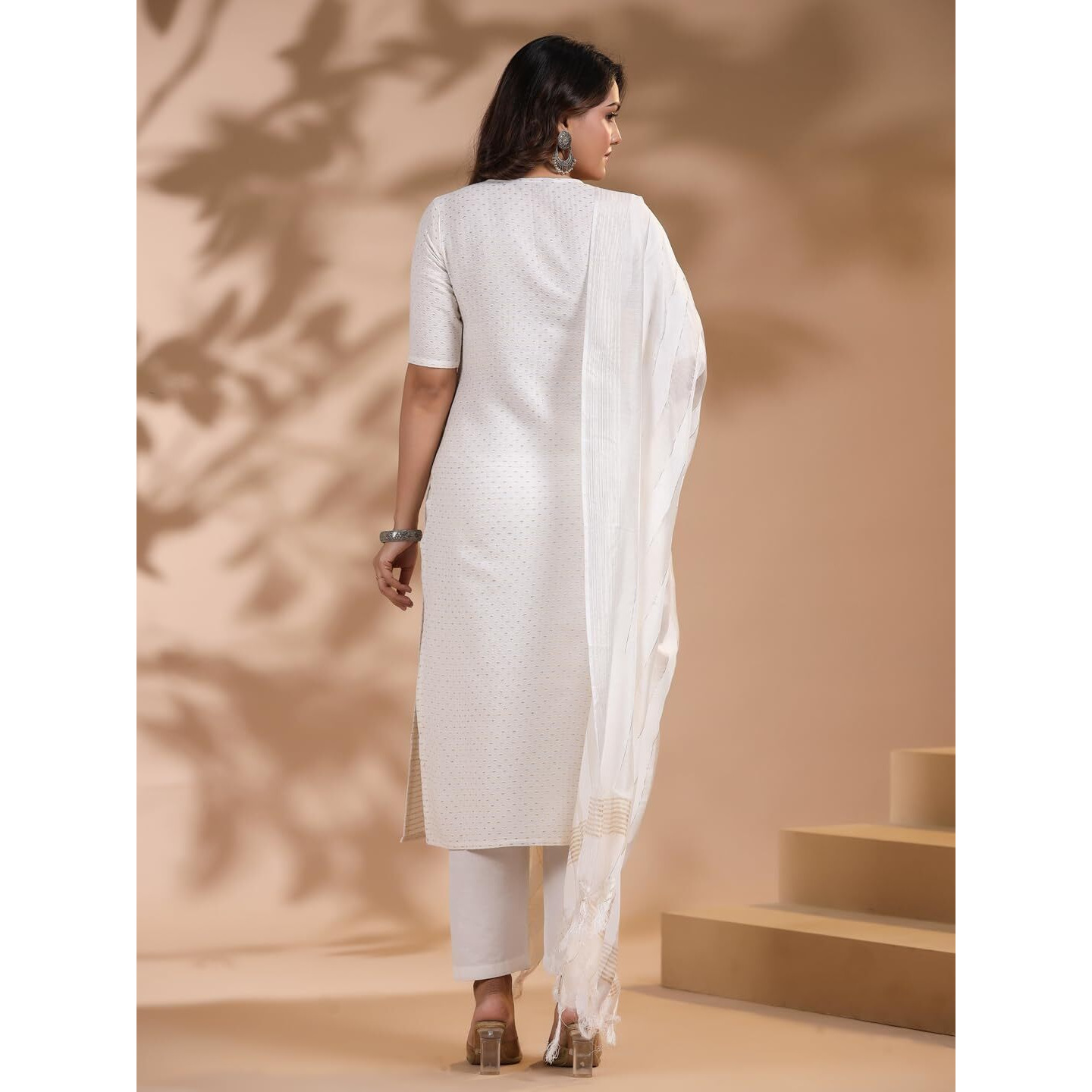 Gosriki Women's Rayon Blend Printed Straight Kurta With Pant & Dupatta (Nukad Cream-Nw-Gs_Xl_Cream_X-Large)