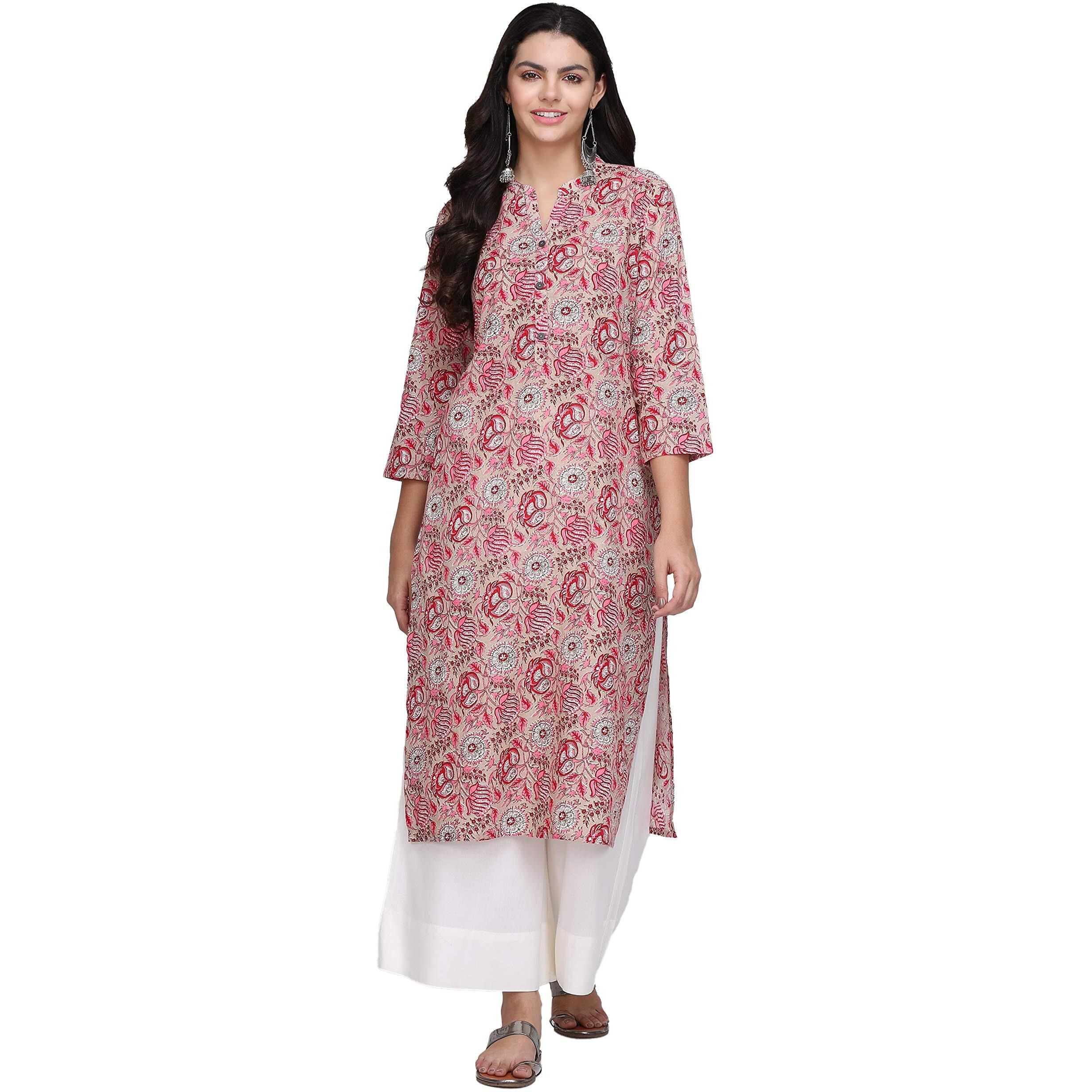 Gosriki Women's Multicoloured Color Cambric Fancy Long Straight Ethnic Print Kurti (Shree Kur190110_Multicoloured)