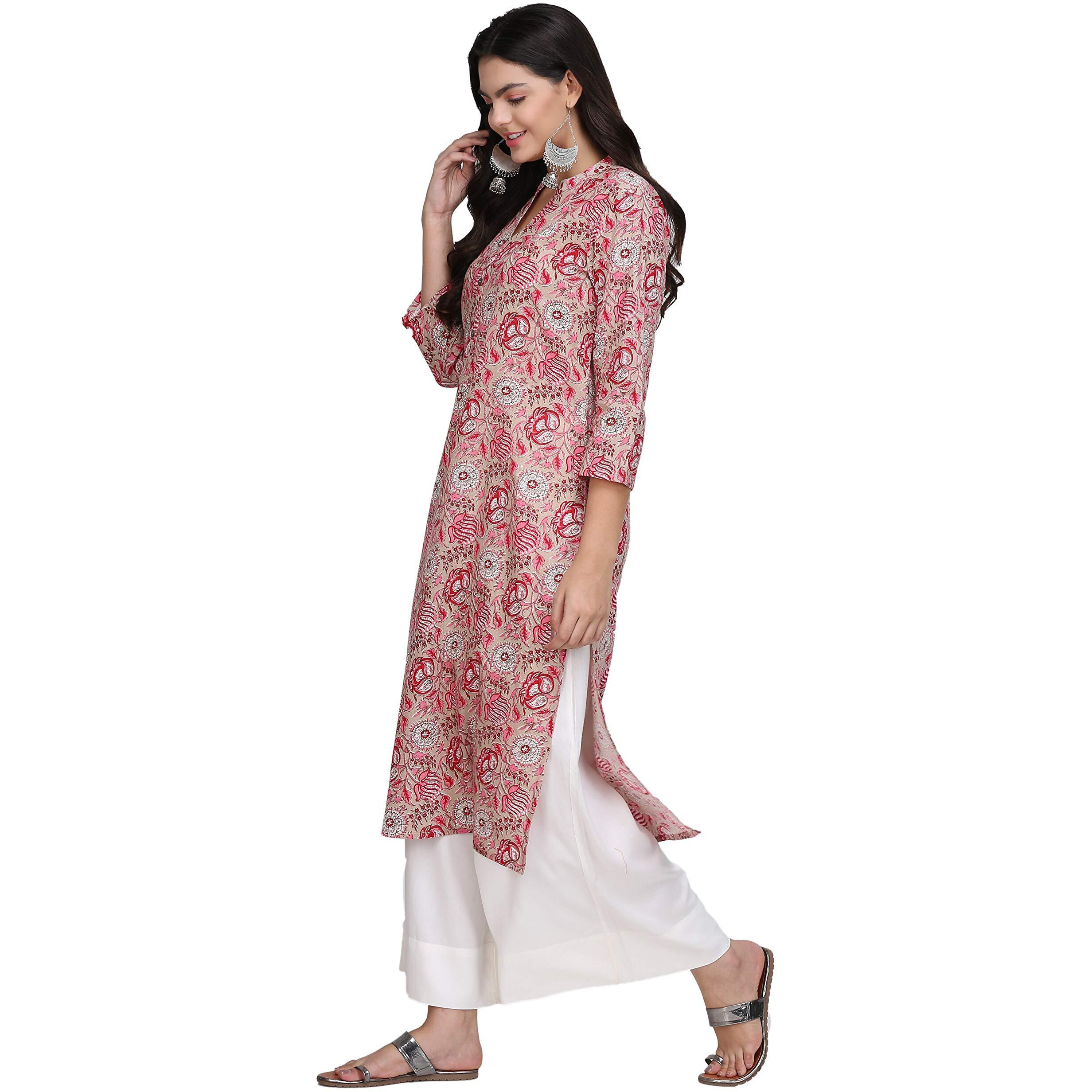 Gosriki Women's Multicoloured Color Cambric Fancy Long Straight Ethnic Print Kurti (Shree Kur190110_Multicoloured)