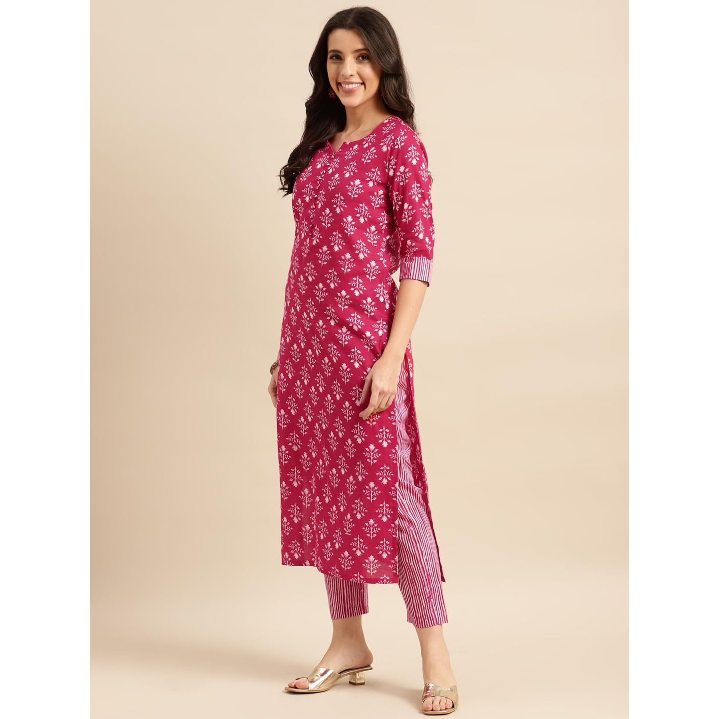 Gosriki Women's Cotton Blend Printed Straight Kurta With Pant (Pi Rani-Gs_Xxl_Pink_Xx-Large)