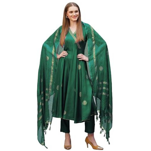 Gosriki Women's Rayon Blend Anarkali Printed Kurta With Pant & Dupatta (Berlin Green-Vks02-Gs_L_Green_Large)