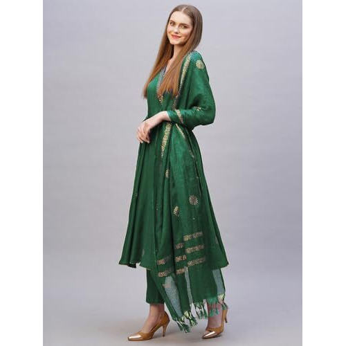 Gosriki Women's Rayon Blend Anarkali Printed Kurta With Pant & Dupatta (Berlin Green-Vks02-Gs_L_Green_Large)