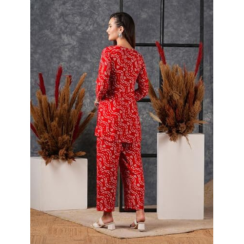 Gosriki Women's Rayon Blend Bandhej Printed Ethnic Co-Ord Set (Nesta Red-Jn-Gs_L_Red_Large)