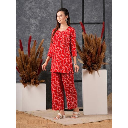Gosriki Women's Rayon Blend Bandhej Printed Ethnic Co-Ord Set (Nesta Red-Jn-Gs_L_Red_Large)