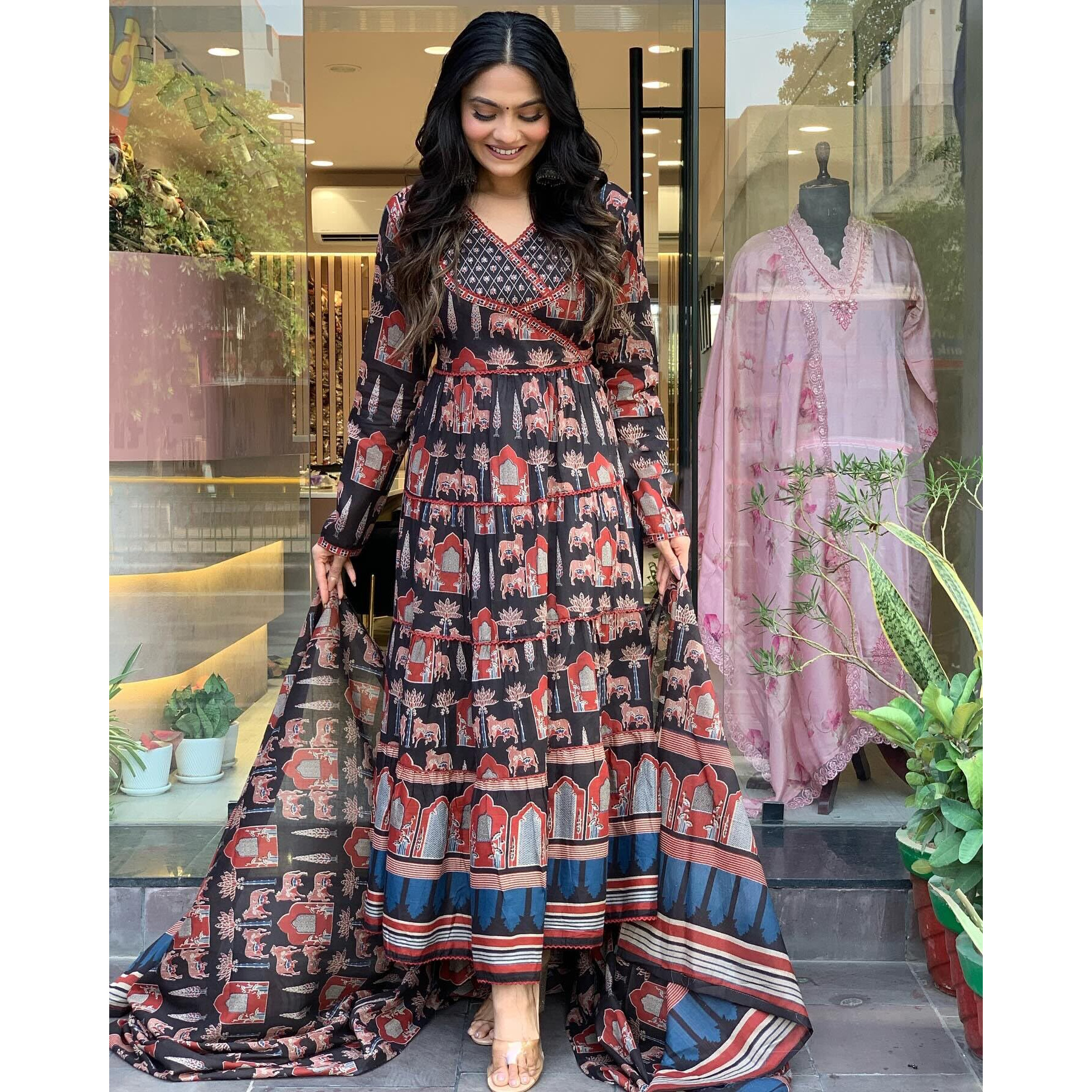 Gosriki Women's Rayon Blend Printed Anarkali Kurta With Pant & Dupatta (Svr Black-Gs_S_Black_Small)