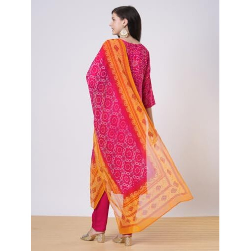 Gosriki Women's Rayon Viscose Printed Straight Kurta With Pant & Dupatta (Shubhangi Rani-Vks01-Gs_M_Pink_Medium)
