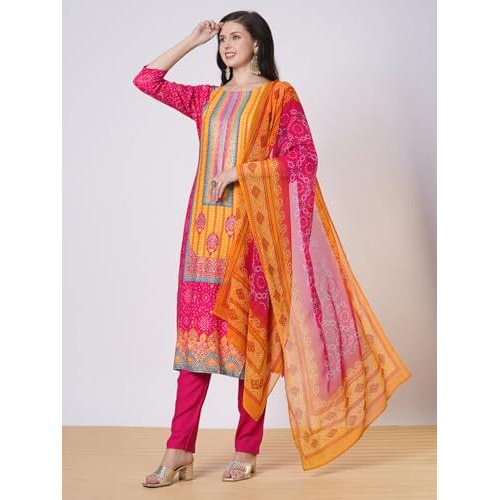 Gosriki Women's Rayon Viscose Printed Straight Kurta With Pant & Dupatta (Shubhangi Rani-Vks01-Gs_M_Pink_Medium)