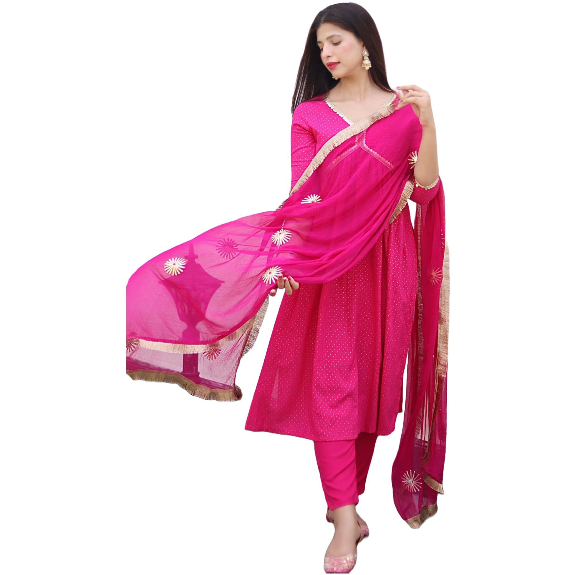 Gosriki Women's Cotton Blend Straight Printed Kurta With Pant & Dupatta (Shrinika Pink-Gs_Xl_Pink_X-Large)