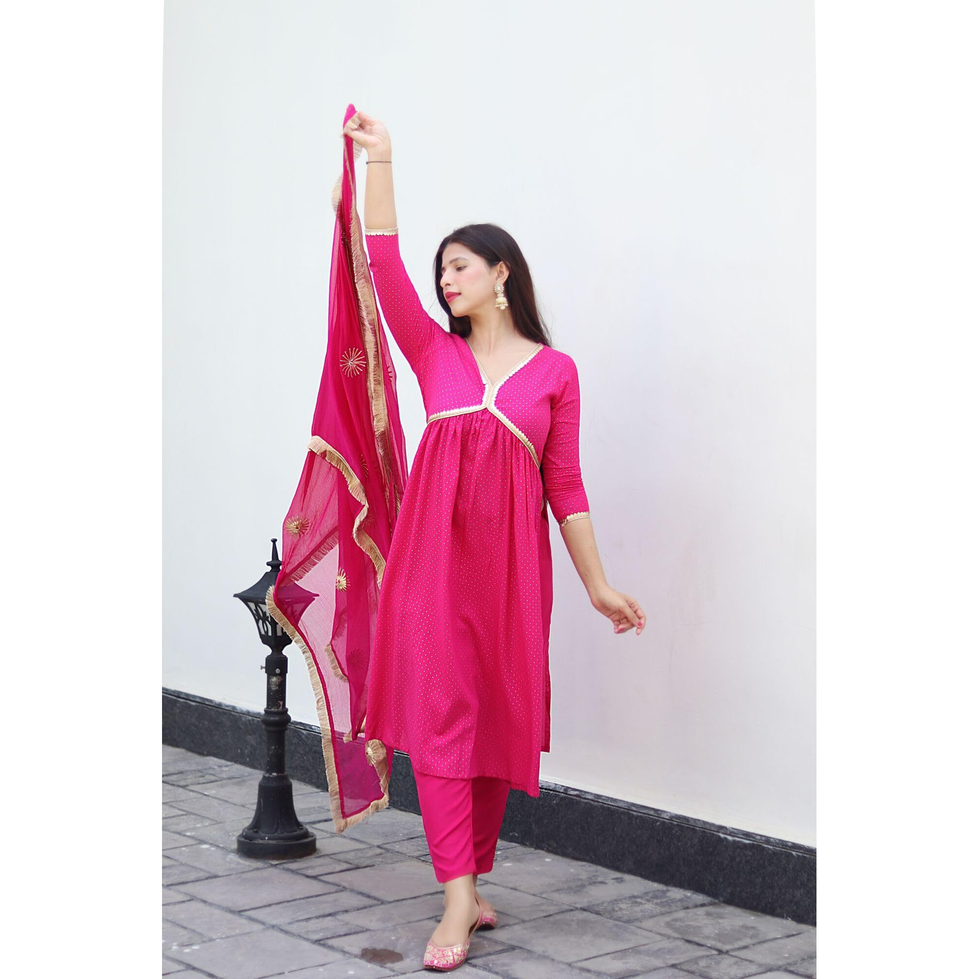 Gosriki Women's Cotton Blend Straight Printed Kurta With Pant & Dupatta (Shrinika Pink-Gs_Xl_Pink_X-Large)