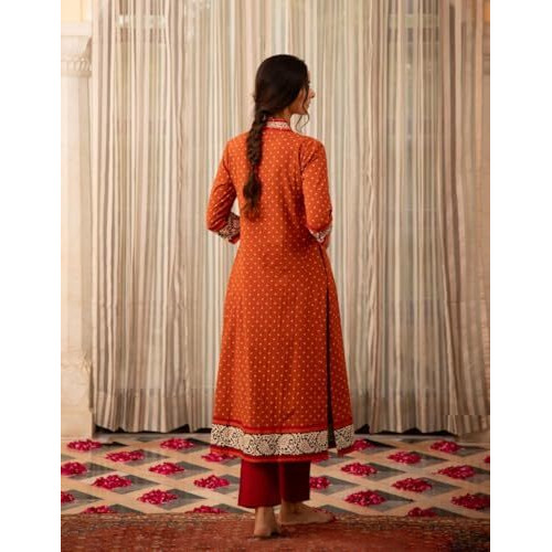 Gosriki Women's Rayon Blend Anarkali Printed Kurta With Pant (Karidos Orange-Vks01-Gs_M_Orange_Medium)