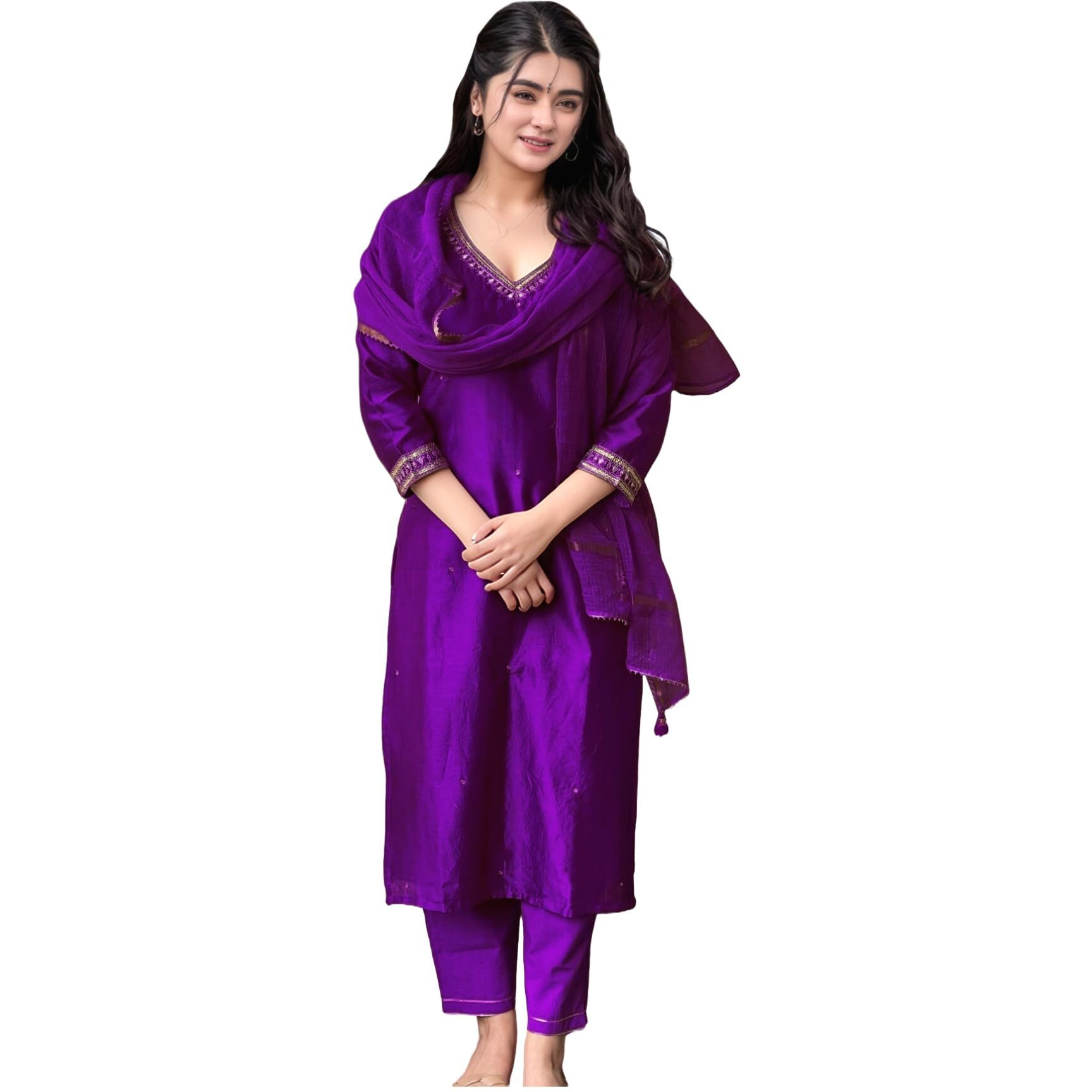 Gosriki Women's Rayon Viscose Straight Embroidered Kurta With Pant & Dupatta (Bagicha Begani-Vks02-Gs_L_Begani_Large)