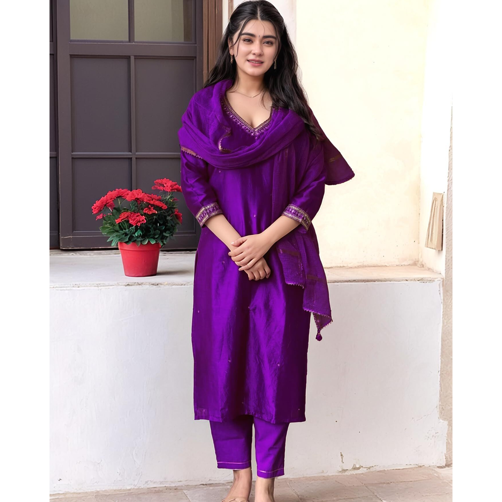 Gosriki Women's Rayon Viscose Straight Embroidered Kurta With Pant & Dupatta (Bagicha Begani-Vks02-Gs_L_Begani_Large)