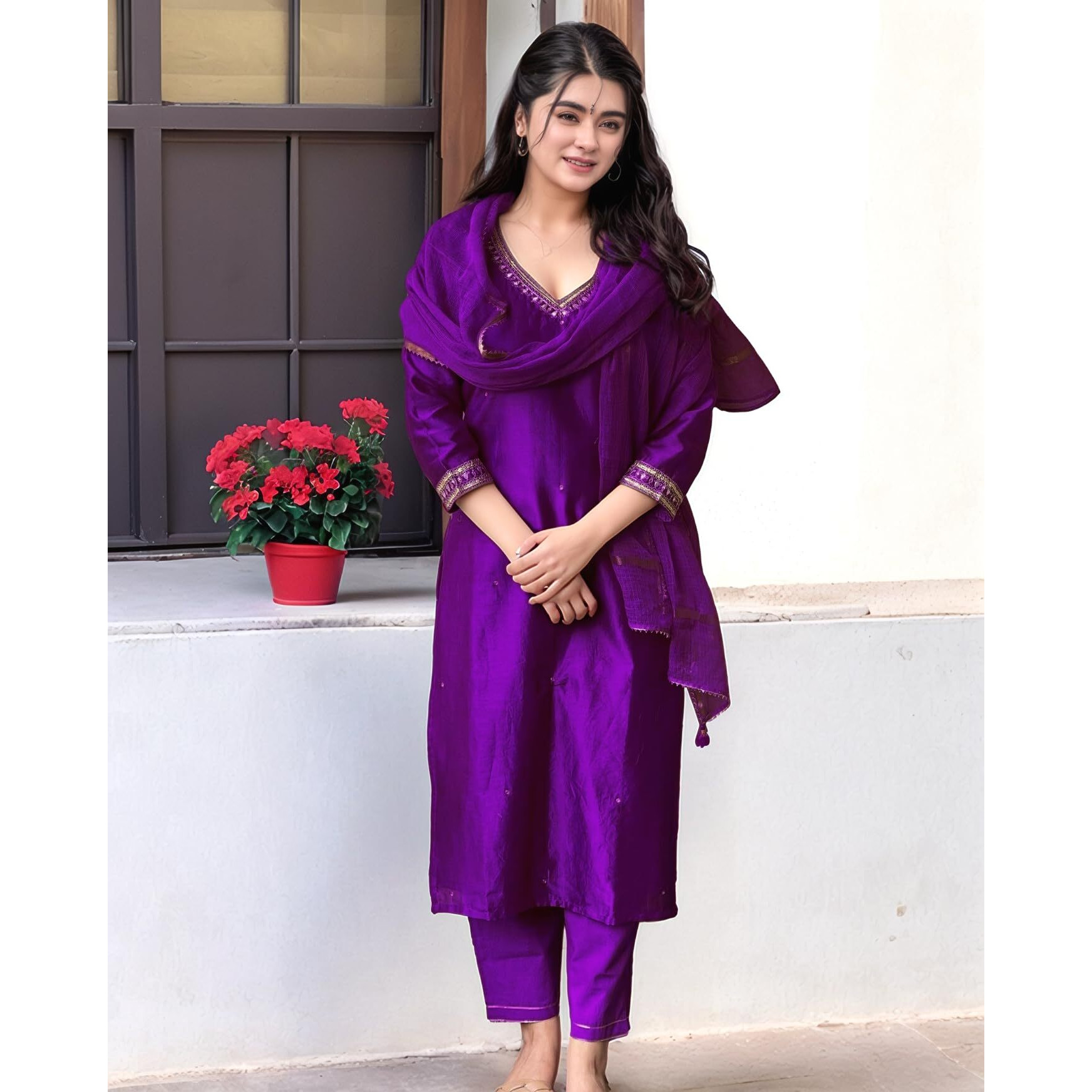 Gosriki Women's Rayon Viscose Straight Embroidered Kurta With Pant & Dupatta (Bagicha Begani-Vks02-Gs_L_Begani_Large)