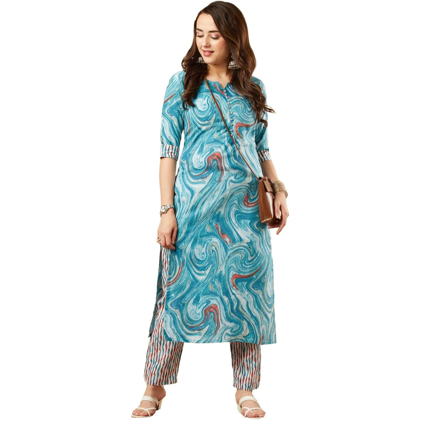 Gosriki Women's Cotton Blend Straight Printed Kurta With Pant Set (Charan-Sky-Nrd-Gs_S_Sky Blue_Small)