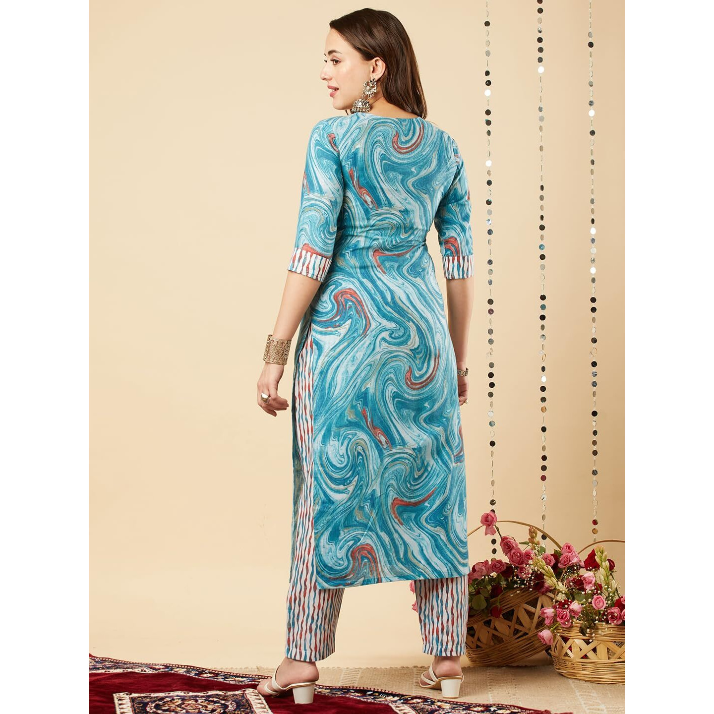 Gosriki Women's Cotton Blend Straight Printed Kurta With Pant Set (Charan-Sky-Nrd-Gs_S_Sky Blue_Small)