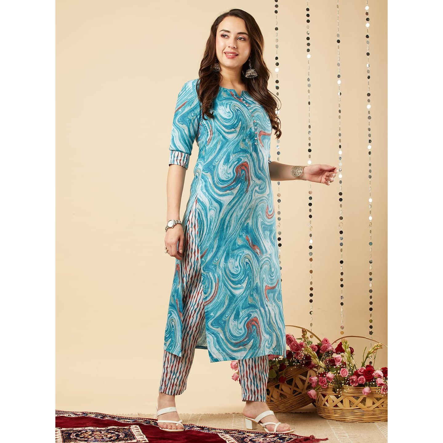 Gosriki Women's Cotton Blend Straight Printed Kurta With Pant Set (Charan-Sky-Nrd-Gs_S_Sky Blue_Small)