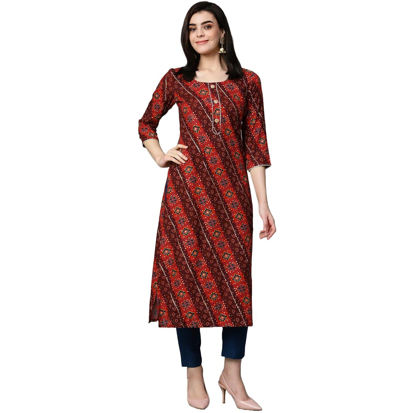 Gosriki Women's Cotton Blend Straight Printed Kurta With Pant Set (Badiya Red-Gs_L_Red_Large)