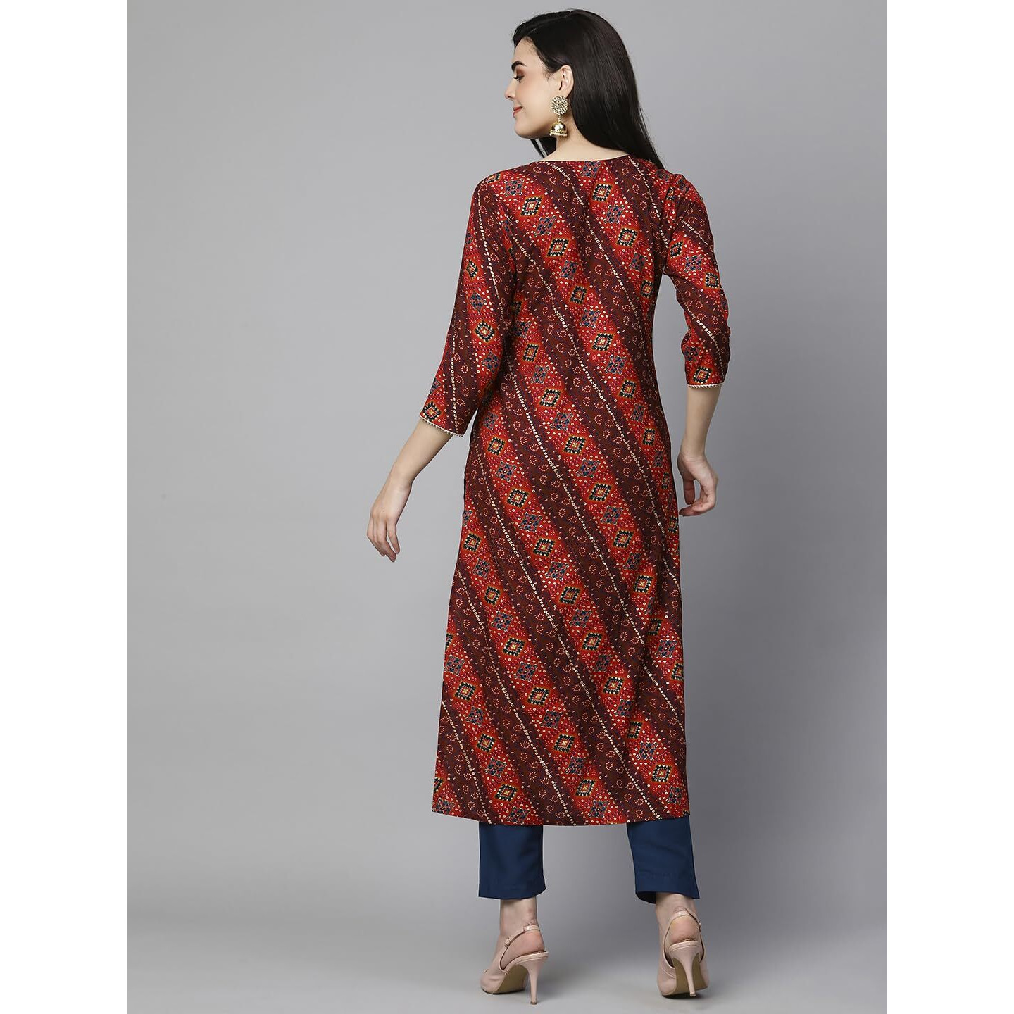 Gosriki Women's Cotton Blend Straight Printed Kurta With Pant Set (Badiya Red-Gs_L_Red_Large)