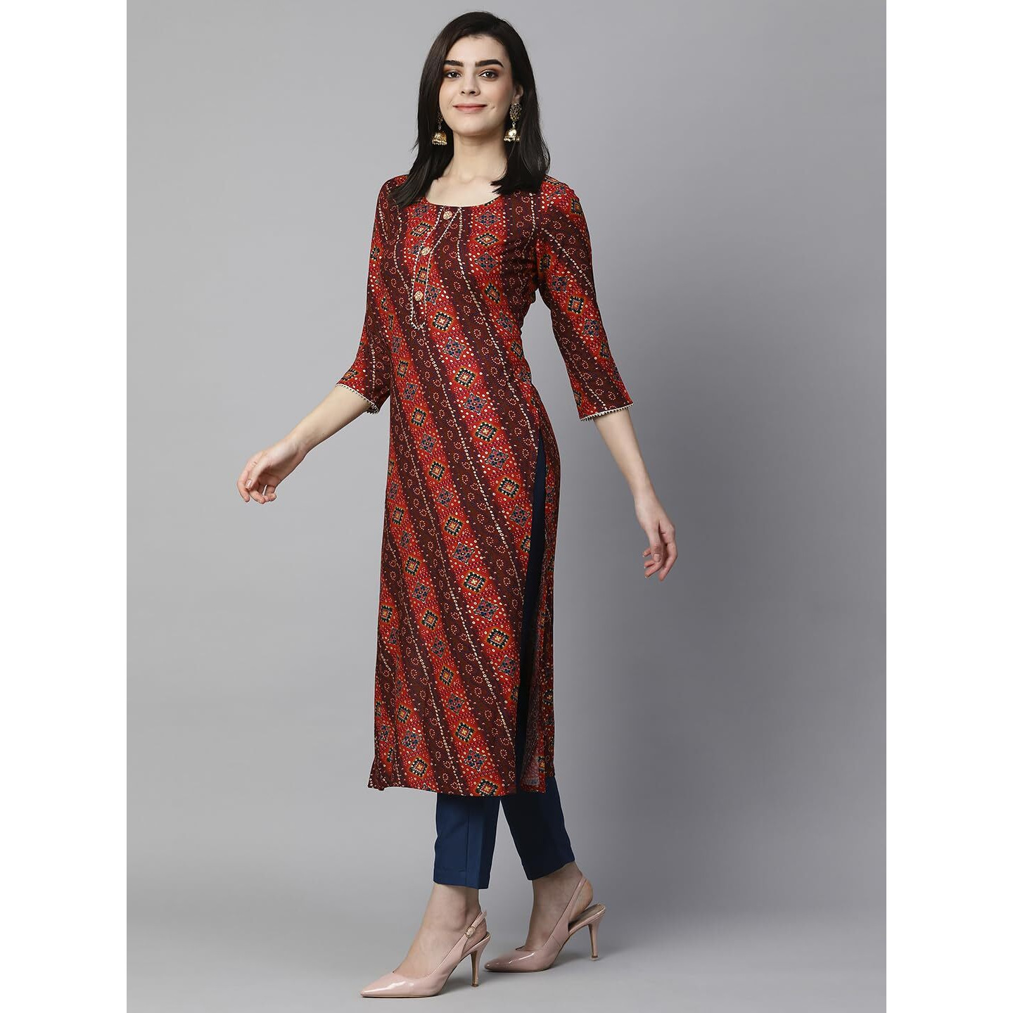 Gosriki Women's Cotton Blend Straight Printed Kurta With Pant Set (Badiya Red-Gs_L_Red_Large)