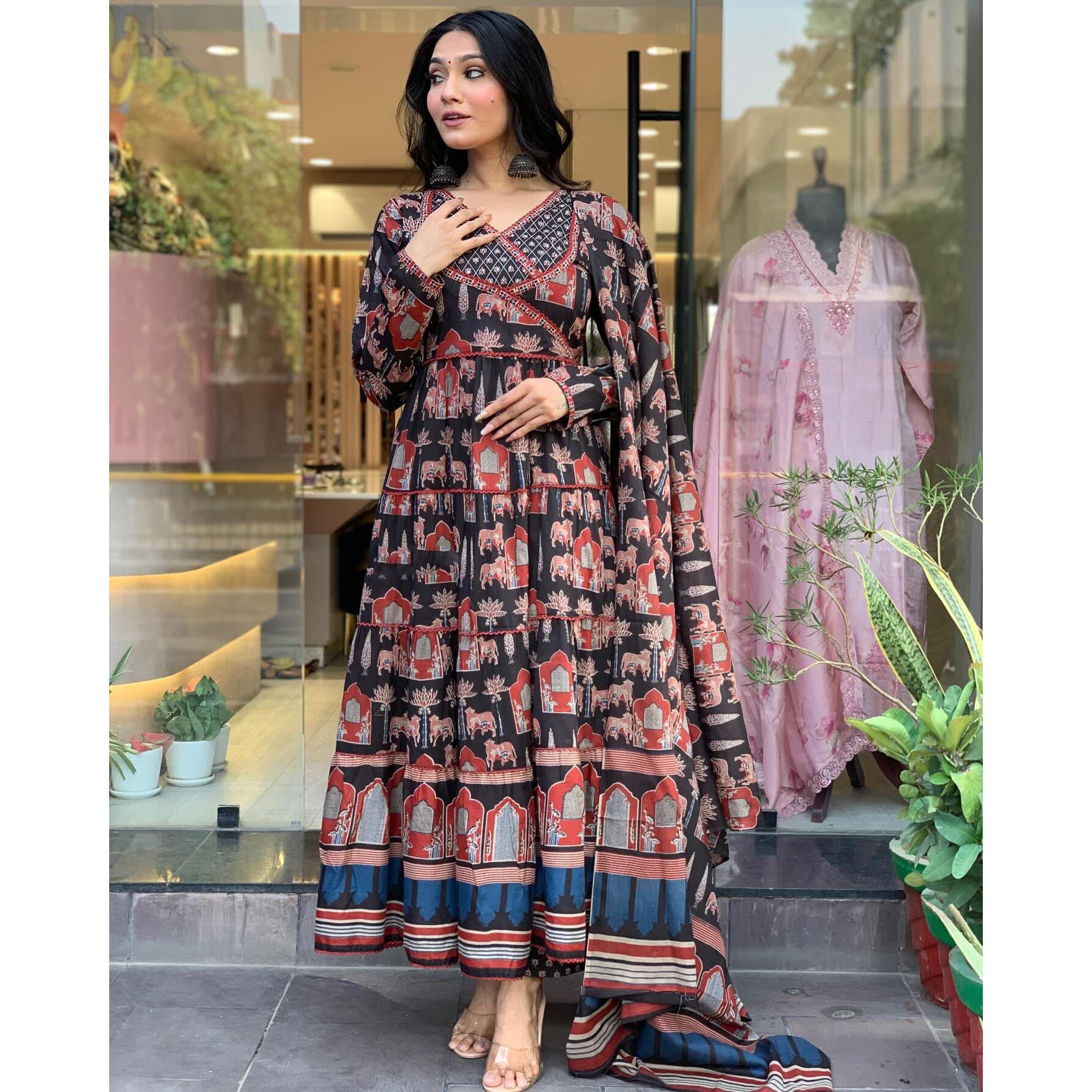 Gosriki Women's Rayon Blend Printed Anarkali Kurta With Pant & Dupatta (Svr Black-Gs_M_Black_Medium)