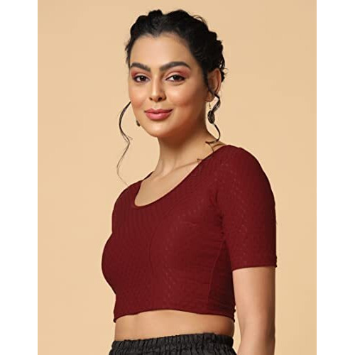 Toplot Cotton Blend Lycra Stretchable Round Neck Blouses For Women Readymade (Blouse-5058-Maroon-32)