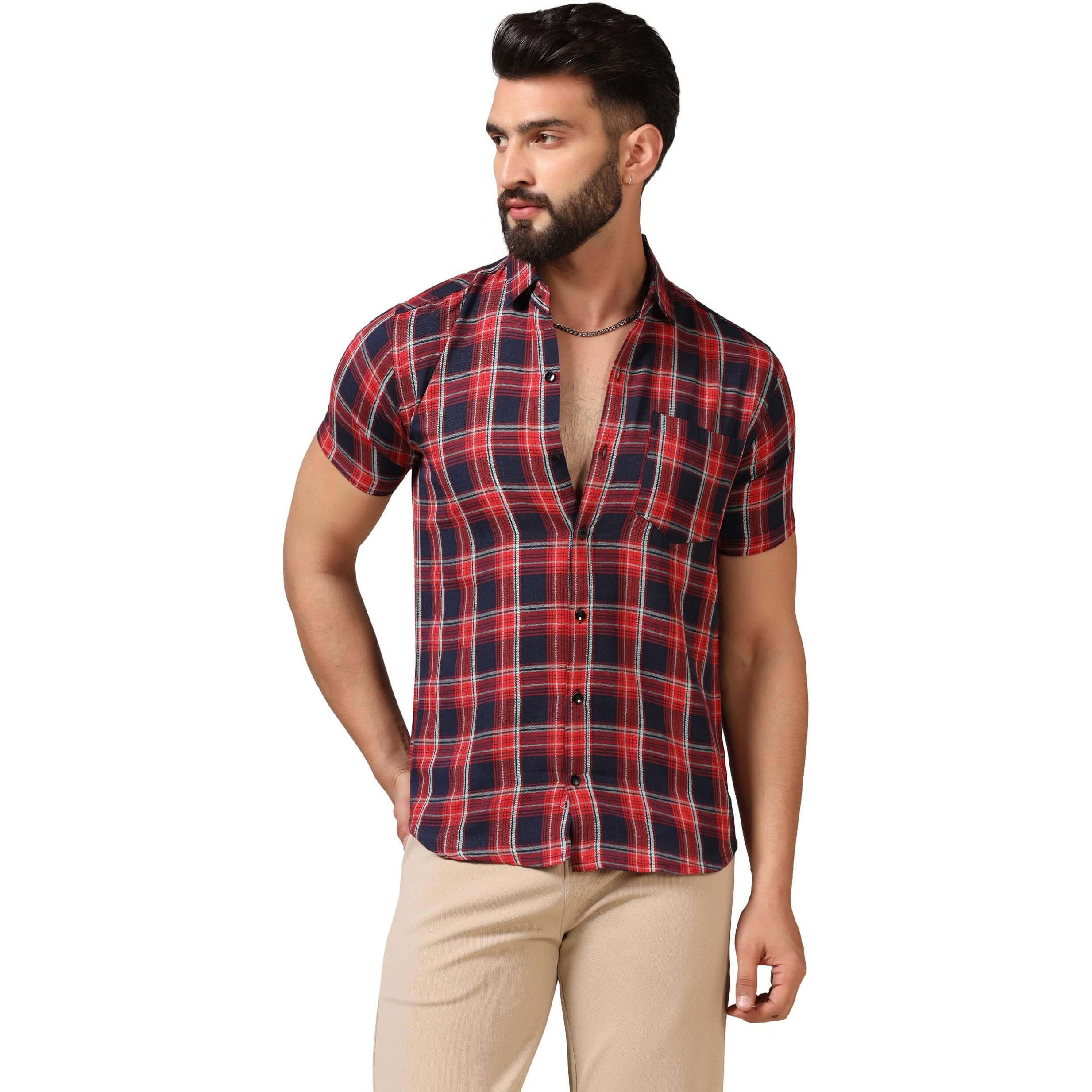 Toplot Men's Regular Fit Casual Shirt Checks Design With Spread Collar & Half Sleeves (Chex-Shirt-5177-Red-S)