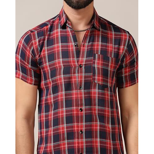 Toplot Men's Regular Fit Casual Shirt Checks Design With Spread Collar & Half Sleeves (Chex-Shirt-5177-Red-S)