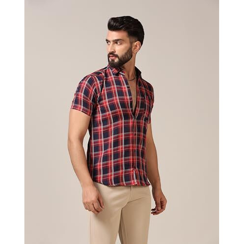 Toplot Men's Regular Fit Casual Shirt Checks Design With Spread Collar & Half Sleeves (Chex-Shirt-5177-Red-S)