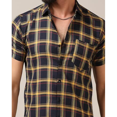 Toplot Men's Regular Fit Casual Shirt Checks Design With Spread Collar & Half Sleeves (Chex-Shirt-5177-Yellow-S)